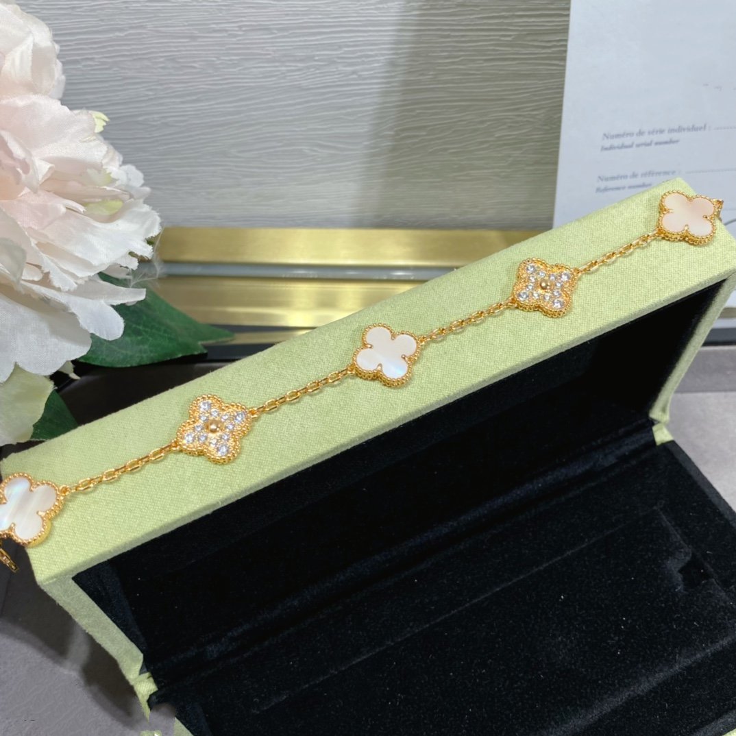 [AuraEcho]CLOVER 5 MOTIF DIAMOND PINK MOP PINK GOLD BRACELET